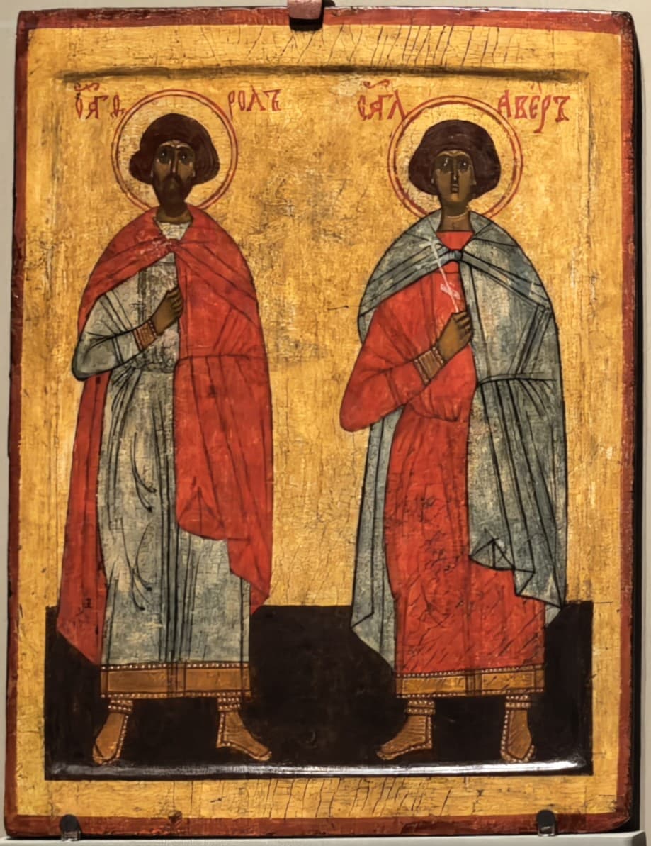 Novgorod icon of the Archangel Michael blessing the Martyrs Florus and Laurus of Dalmatia.