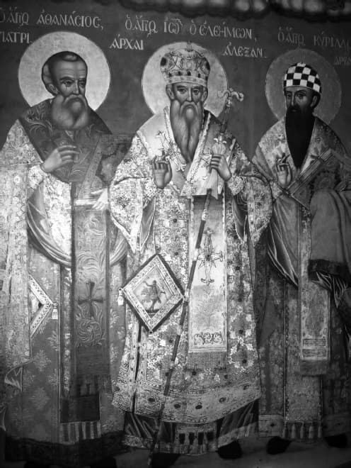 Icon of Saint John the Merciful, Patriarch of Alexandria, with Athanasius and Cyril by Veniamin of Galatista, 1833.