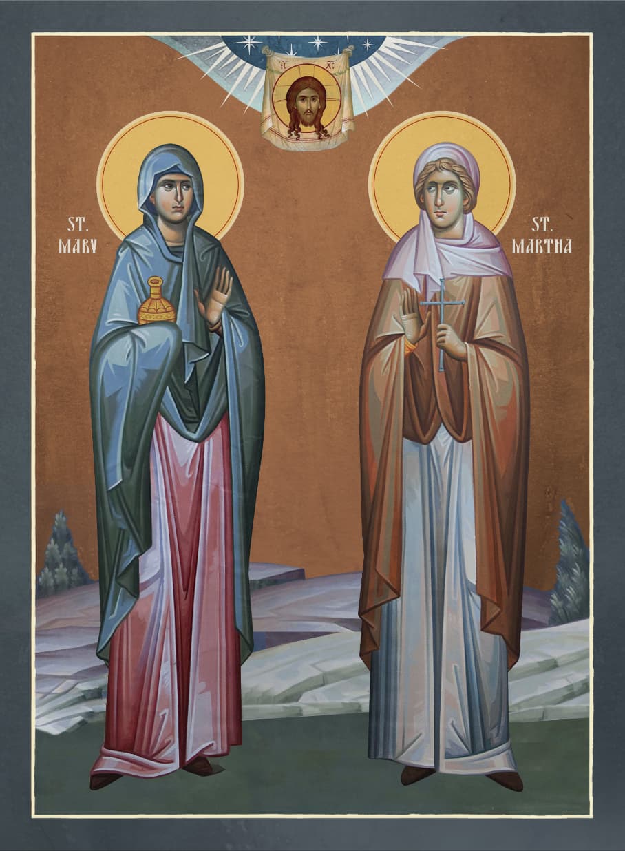 Icon of the Righteous Martha and Mary of Bethany, sisters of Lazarus.
