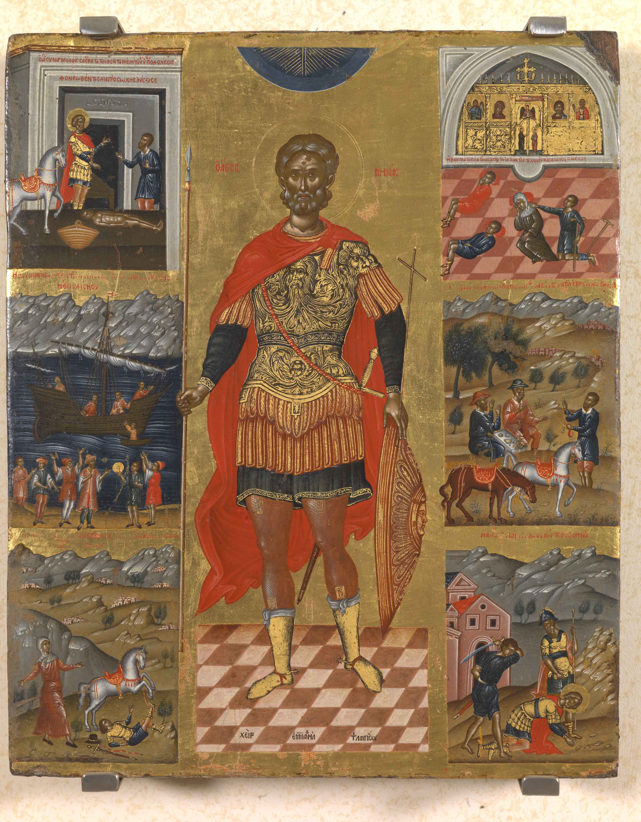 Seventeenth-century icon of the Holy Great-martyr Menas of Egypt by E. Lambardos.