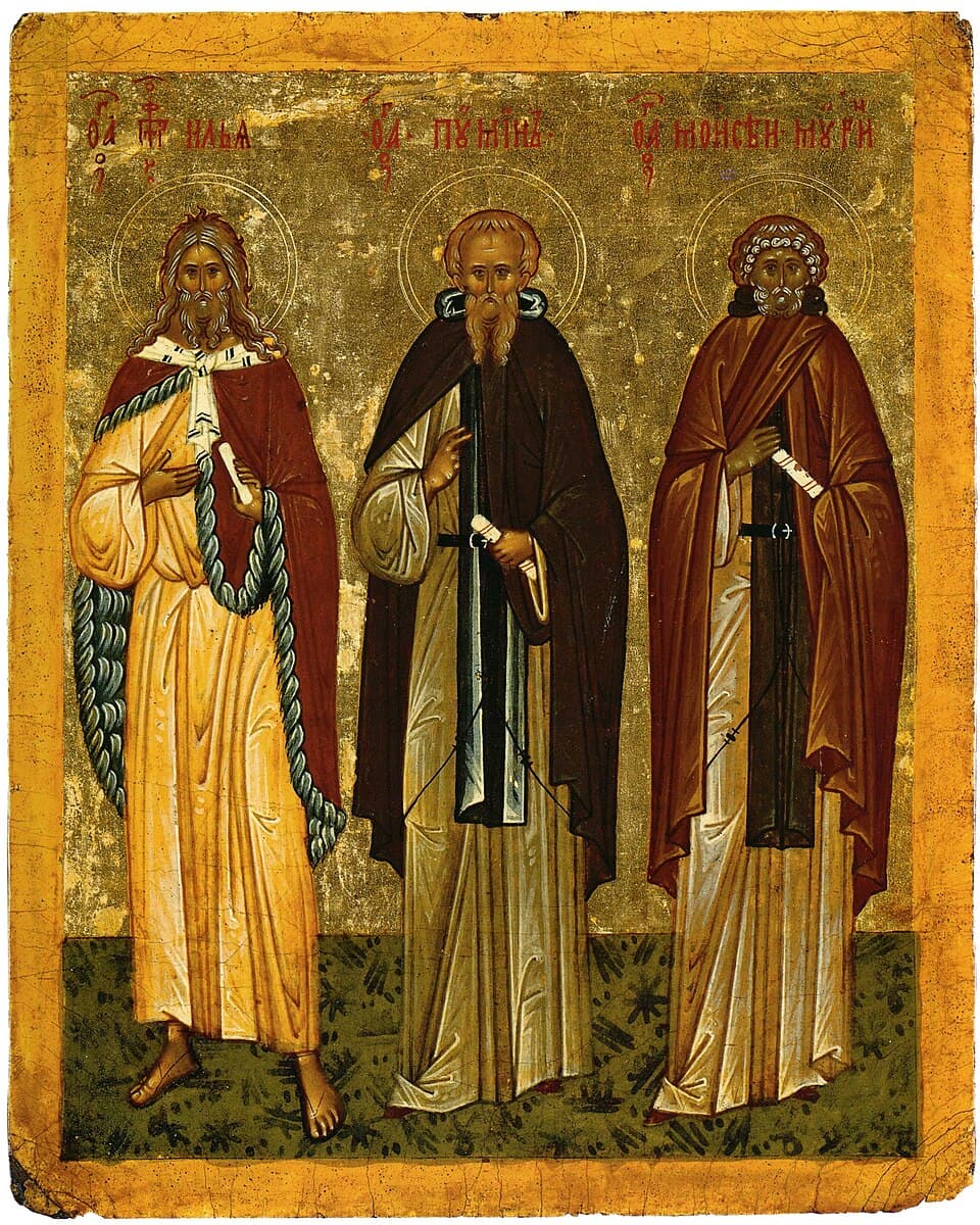 Icon of Saints Poemen the Great, Elijah the Prophet, and Moses the Black of Scetis.