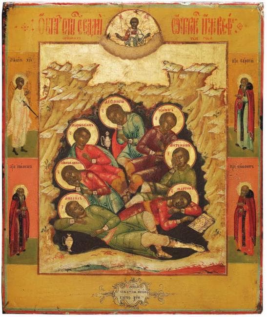 Russian icon of the Seven Holy Youths (Sleepers) of Ephesus.