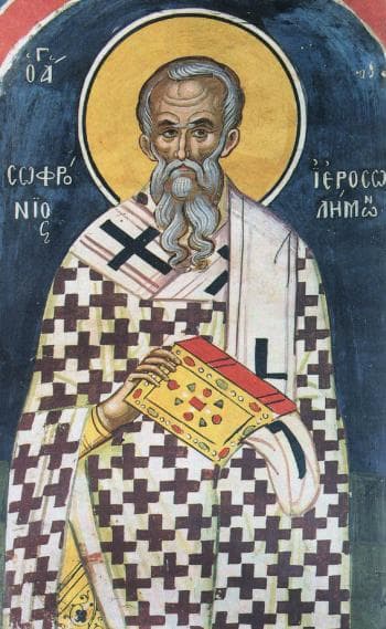 Athonite fresco icon of Saint Sophronius, Patriarch of Jerusalem.
